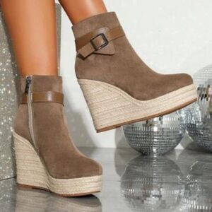 SHEIN Taupe Suede Espadrille Round Toe Platform Ankle Booties Shoes Buckle Y2W 8